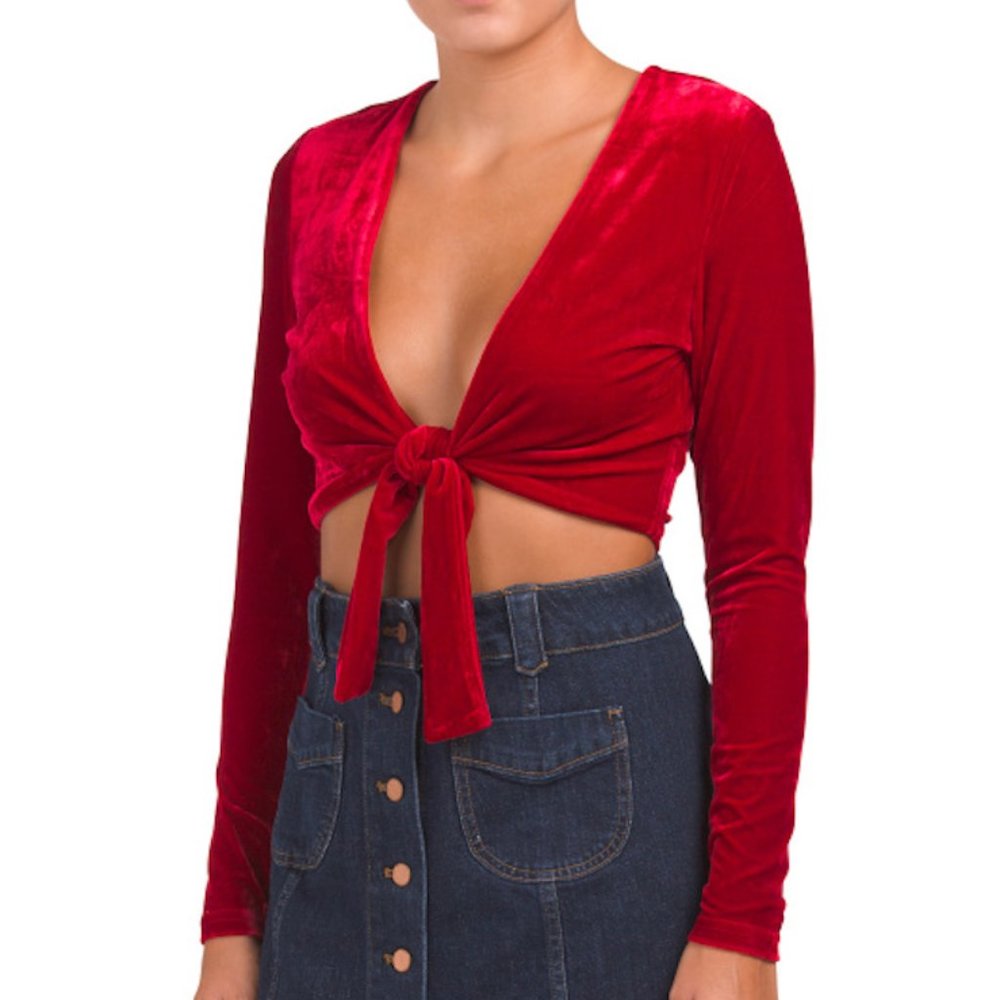 MinkPink Midnight Hour Velvet Front Tie Crop Top